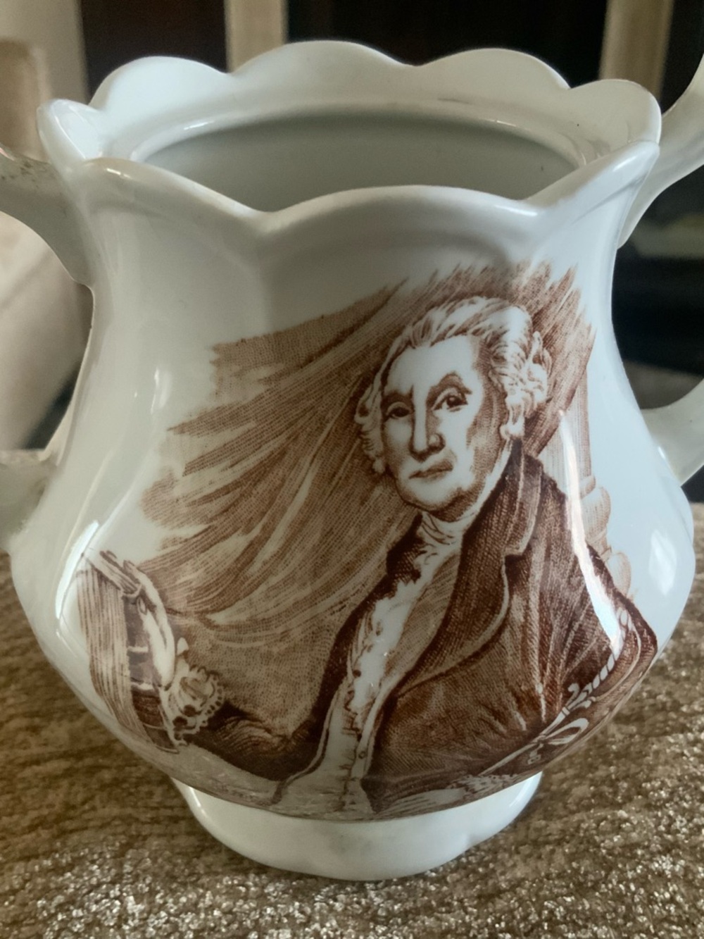 White sugar bowl with Brown Historical George Washington Transfer Print